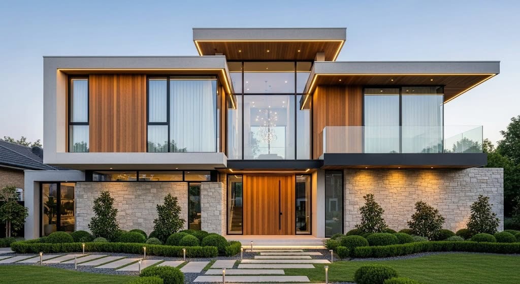Modern double-storey home facade by Nexa Homes featuring large glass windows, natural stone, and timber finishes with landscaped front garden.