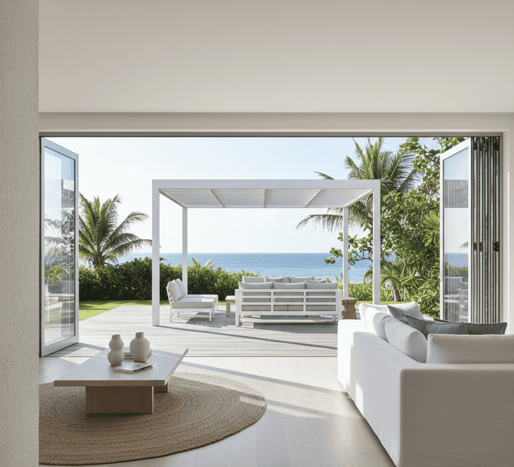 Coastal-modern luxury living space with seamless indoor-outdoor design and ocean views