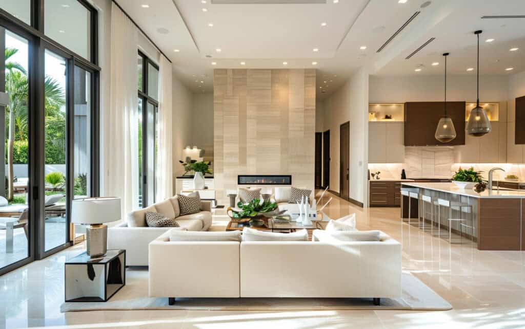Modern minimalist luxury home interior with open-plan living and kitchen, neutral tones, high ceilings, designer lighting, and seamless indoor–outdoor connection, showcasing elegant contemporary residential design in Sydney.
