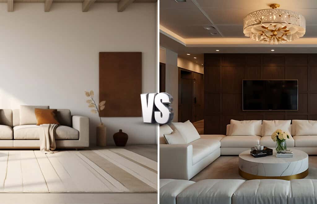 Nexa Homes interior comparison showcasing a minimalist living room with soft neutral tones versus a luxurious modern living space featuring dark wood paneling, premium lighting, and custom-designed seating.